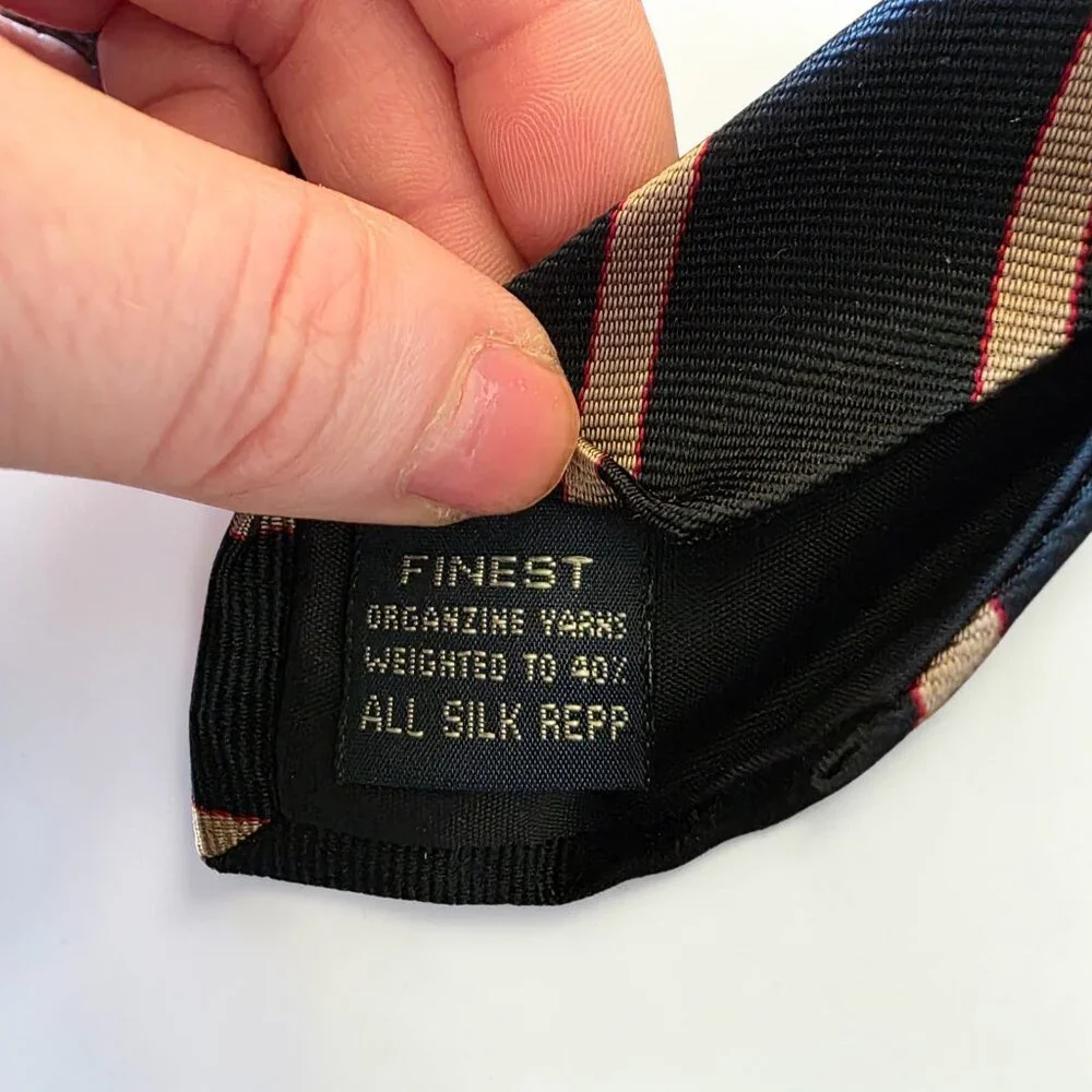 Ed Mitchell Hand Sewn Silk Tie Black Gold Red Stripe English Twill